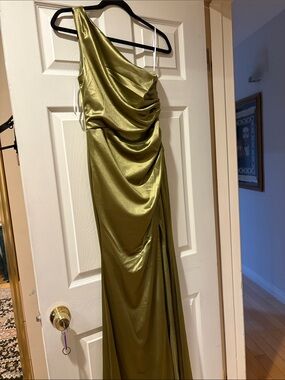One-Shoulder Olive Green Satin Maxi Dress